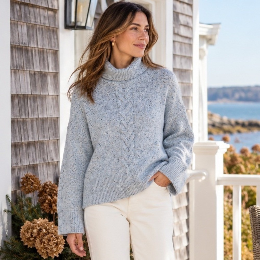 Brooks Brothers Womens Merino Donegal Sweater L Blue Funnel Neck Cable Knit